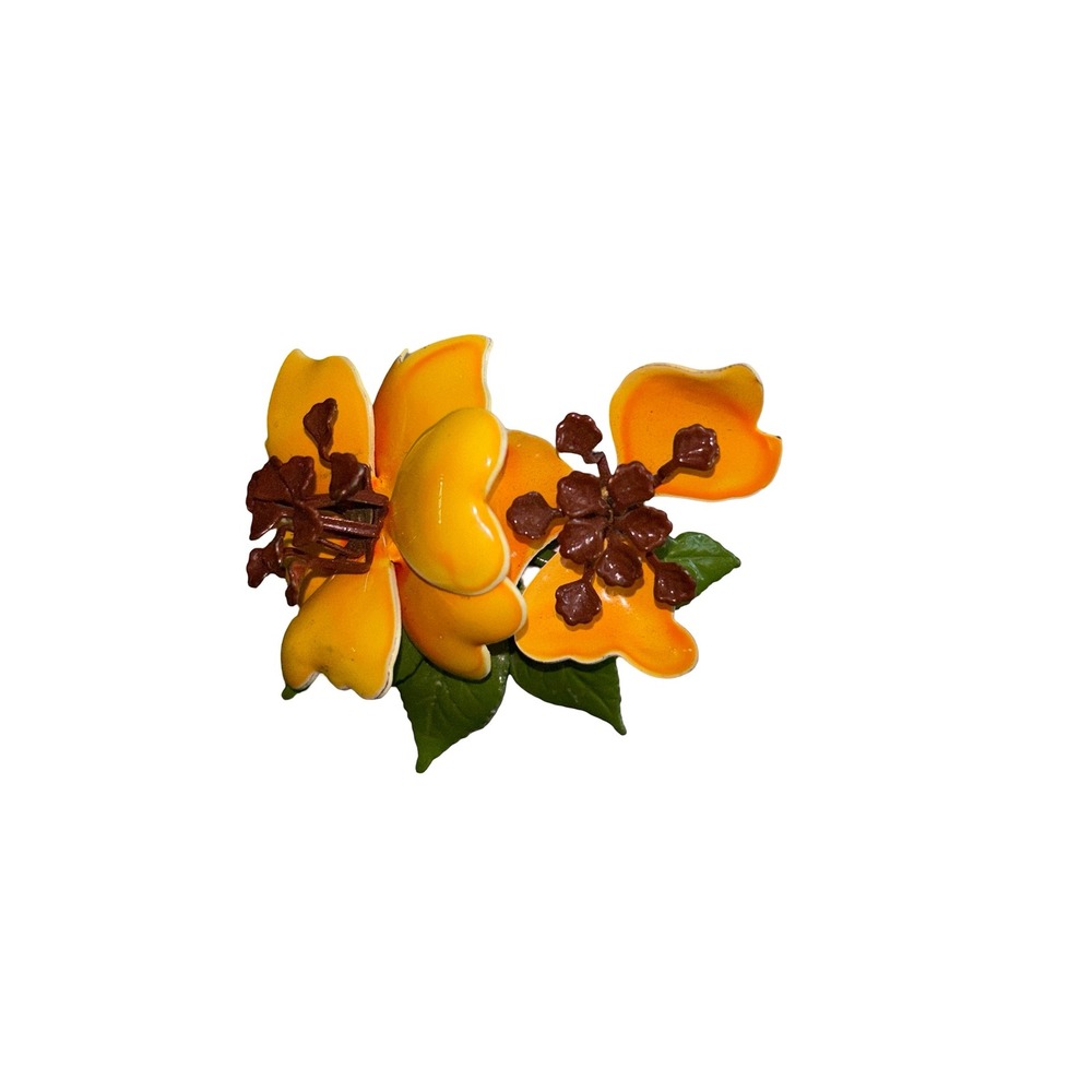 Vintage Enamel Floral Brooch Yellow Orange Flower Pin Retro Mid Century Jewelry